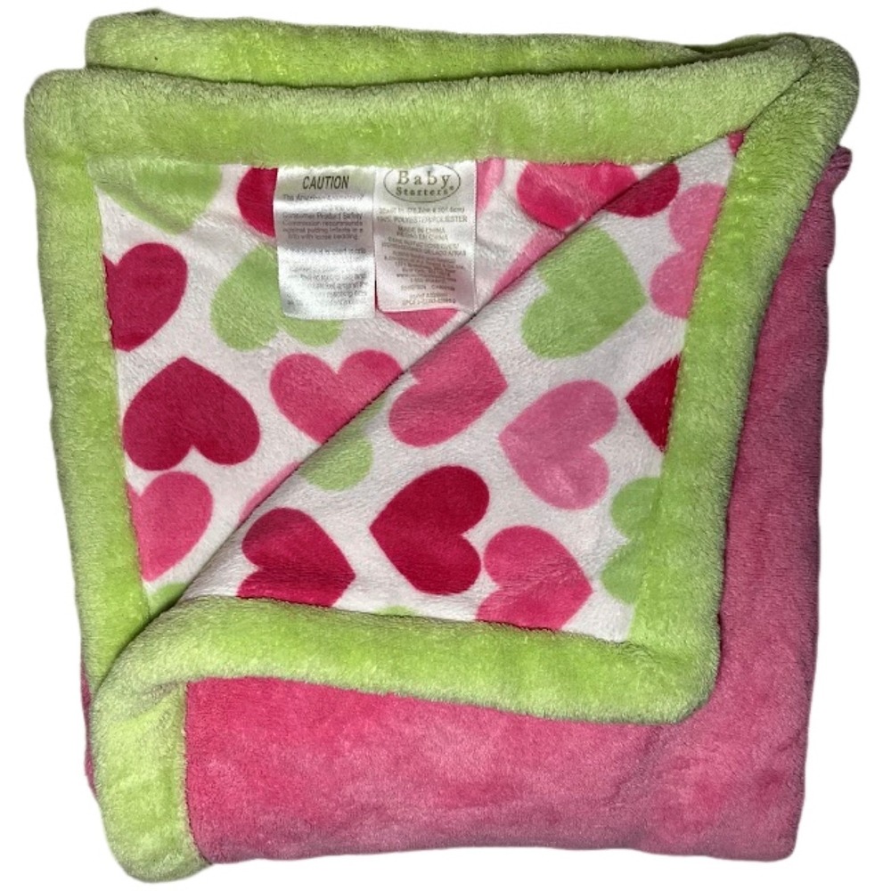 Baby Starters Pink Green Heart Blanket Plush htf White Lovey Security Soft